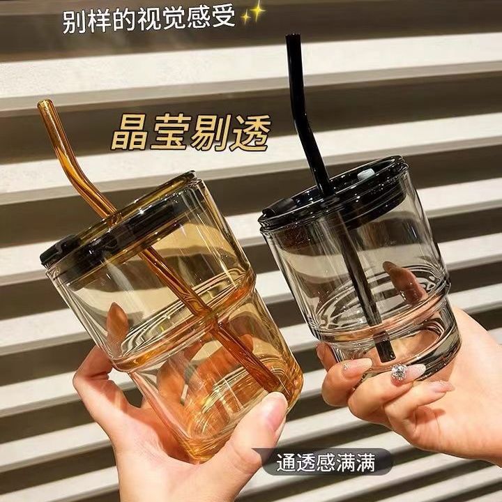 Internet Celebrity Ins Good-looking Glass Premium Anti-Scald and High Temperature Resistant All-Match Straw Style with Lid Large Capacity Coffee Cup