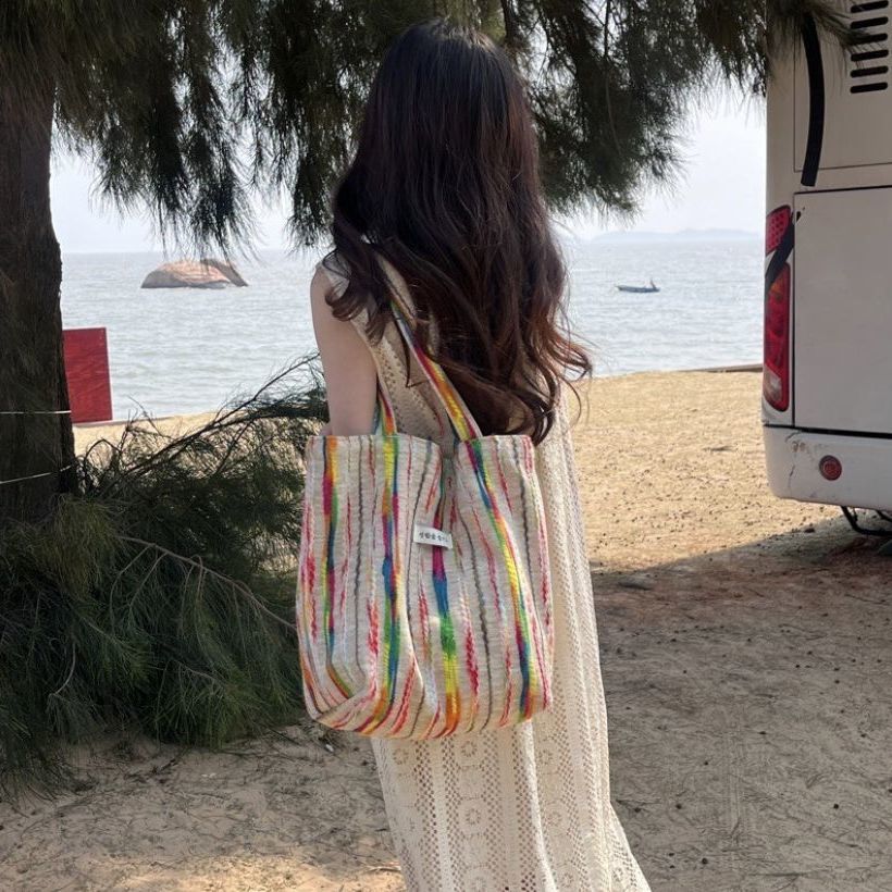 ins korean style rainbow striped canvas bag heavy embroidery underarm shoulder bag large capacity niche tote bag commuter