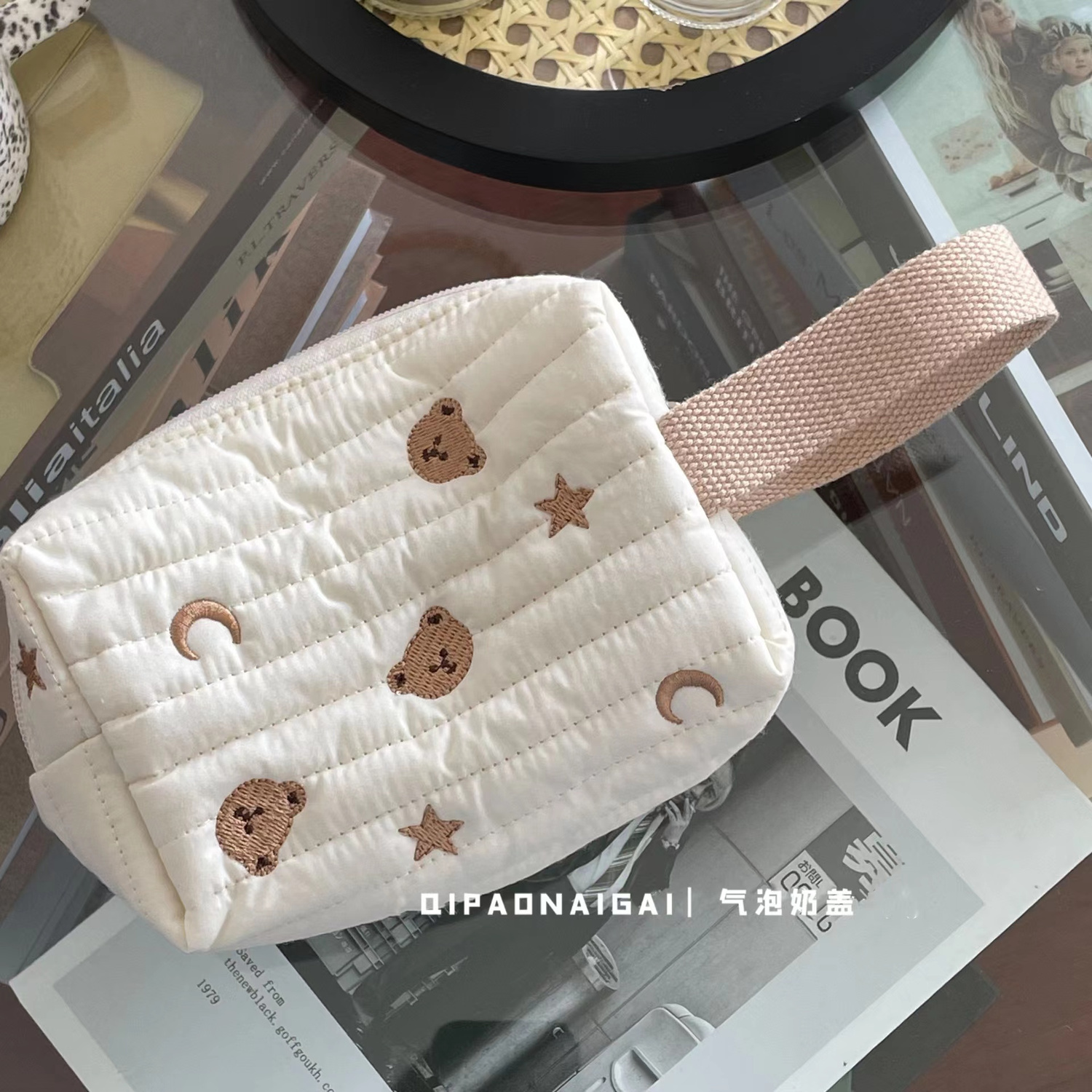 Ins Pure Cotton Quilting Cosmetic Bag Cute Embroidered Bear Multifunctional Storage Bag Student Portable Outing Handbag