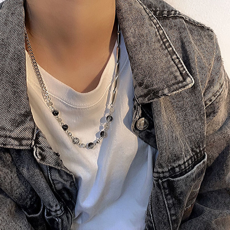 Black and White Ice Crack Beads Necklace Men's Trendy Men's Personality Stitching Titanium Steel Necklace Ins Hip Hop Light Luxury Minority Design Accessories