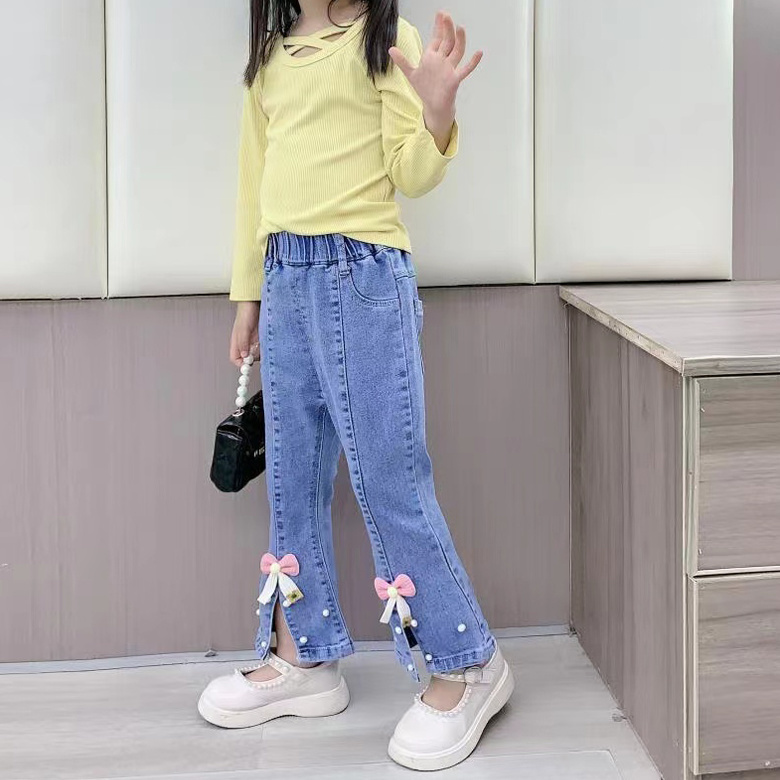 Girl Spring and Autumn Jeans 2023 Spring New Baby Girl Bell-Bottom Pants Little Girl Fashionable Korean Style Princess Style