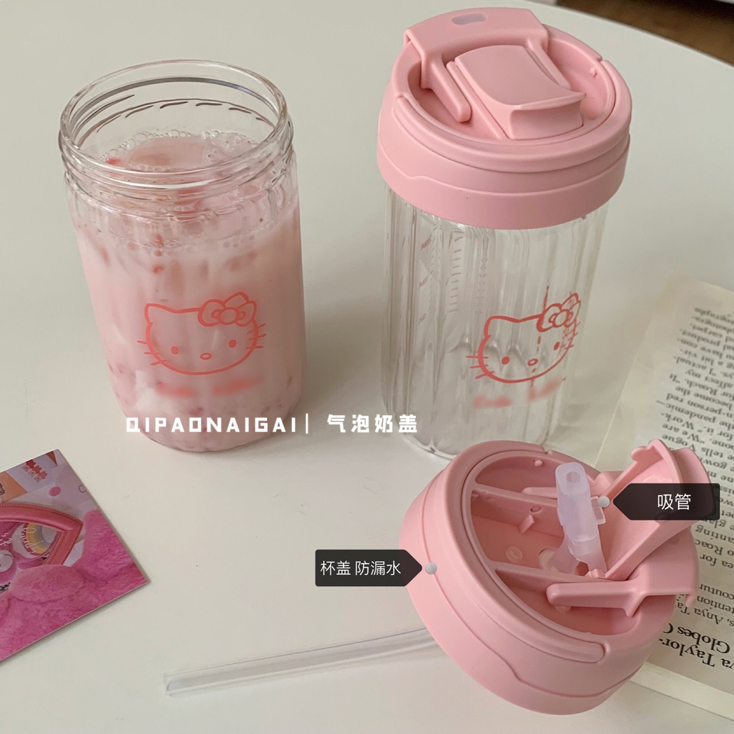 Cute Cartoon Transparent Glass Good-looking Portable with Lid Cup with Straw Large Capacity Milk Coffee Cup Women