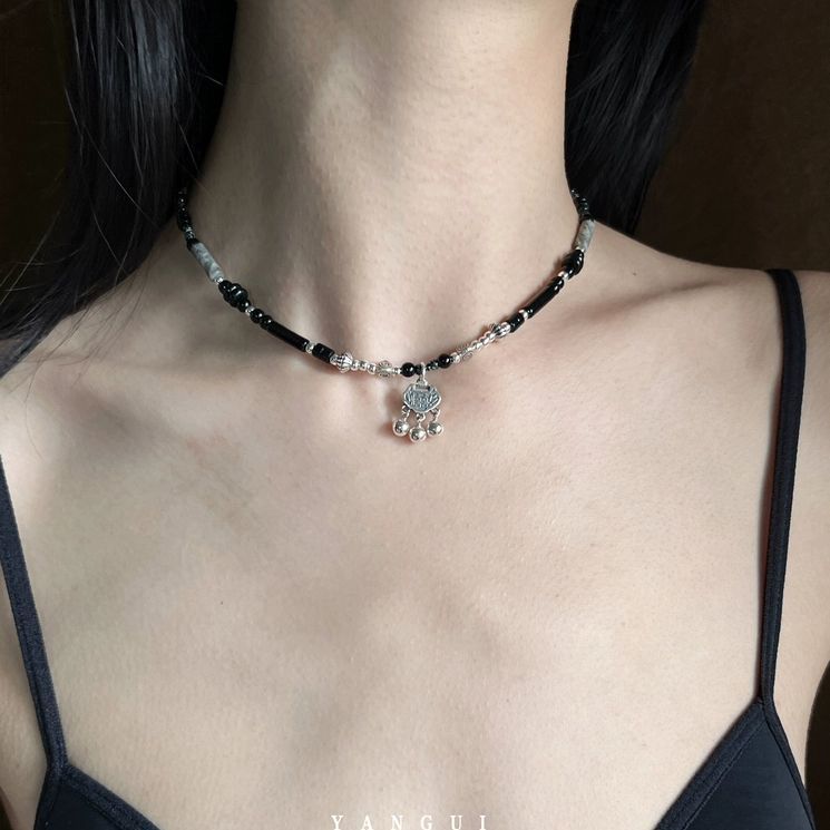 Original New Chinese Style ~ Vintage Silver-Plated Bell Ruyi Safety Lock Beads of Necklace Tassel Temperamental Clavicle Chain Neck Chain