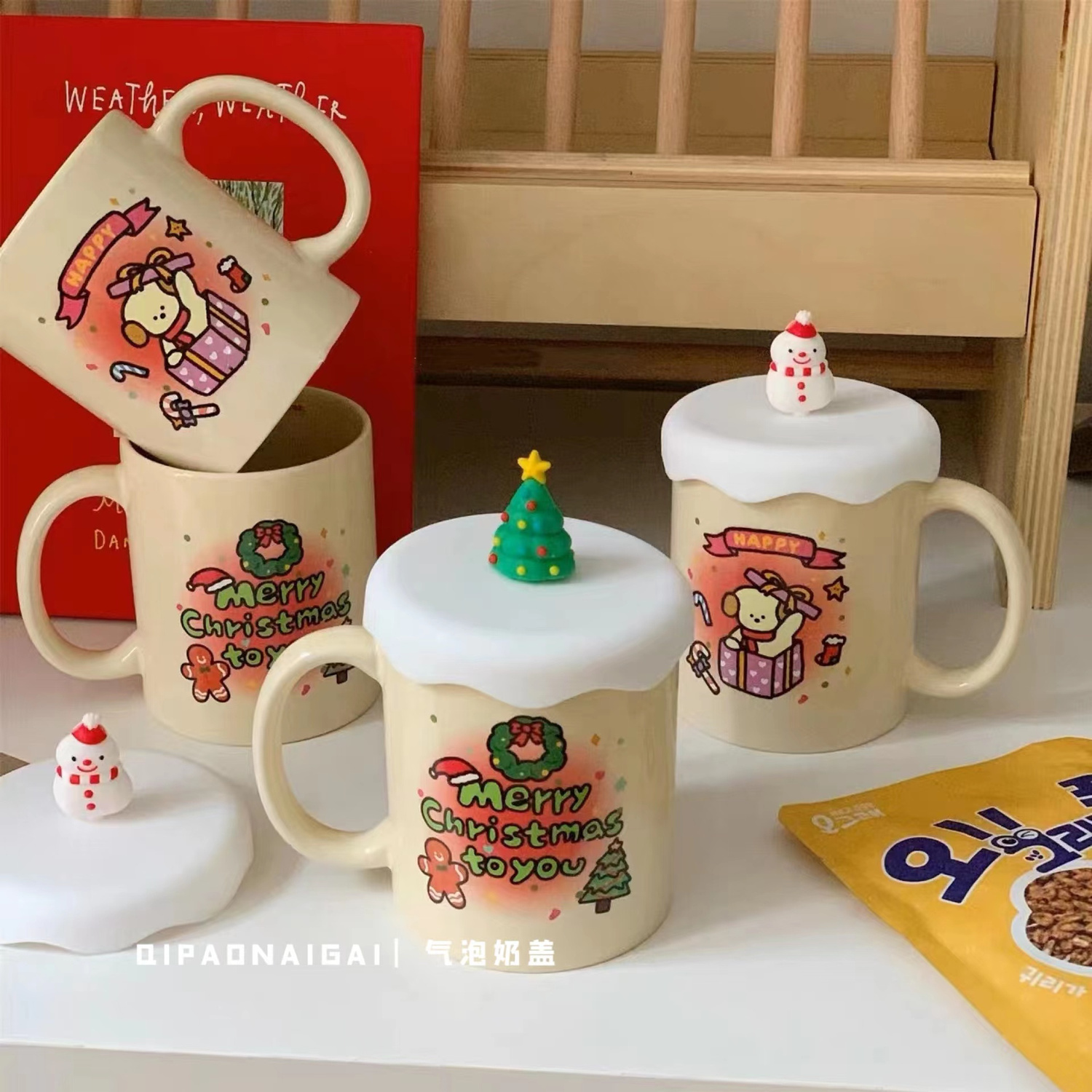 Cartoon Christmas Mug Cream Color Office Ceramic Breakfast Cup Milk Cup Large-Capacity Water Cup Gift with Lid
