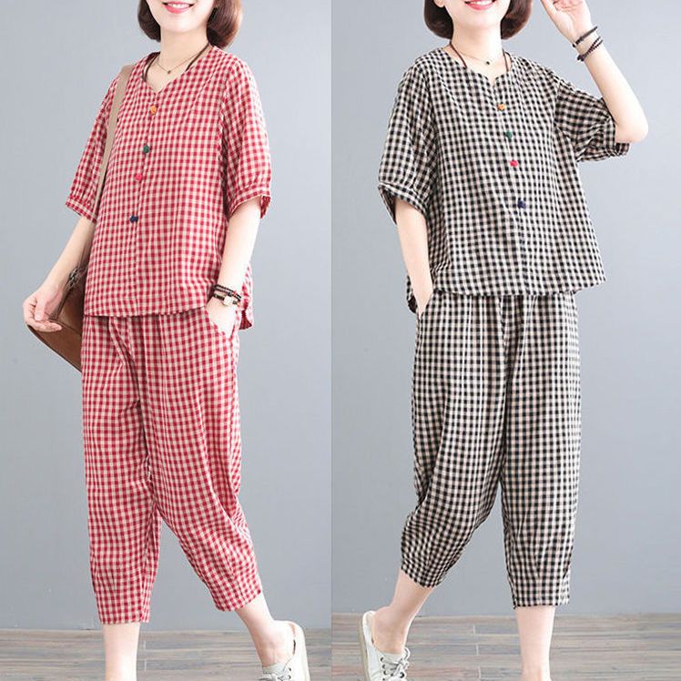 women‘s cotton two-piece suit 2024 summer plus size artistic retro top casual cropped pants plaid suit women‘s western style