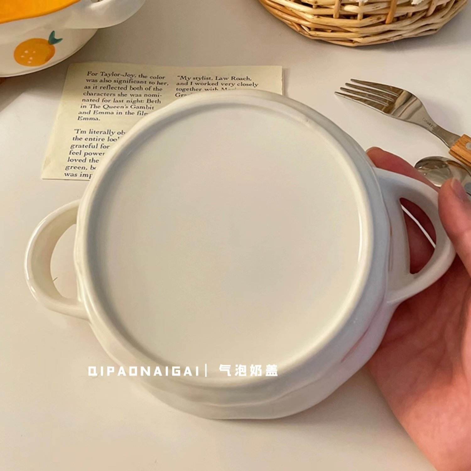 Cute Hand-Painted Irregular Ceramic Double-Ear Bowl Ins Style Girly Heart Home Rice Bowl Large Capacity Breakfast Salad Bowl