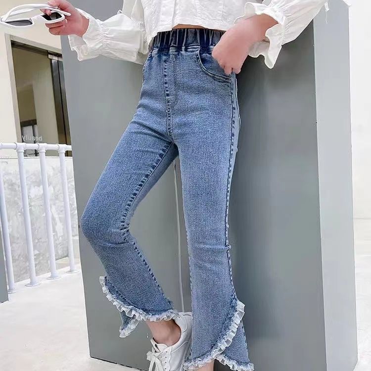 girls‘ pants spring and autumn bell-bottom pants split casual children jeans girls‘ wide-leg pants student version middle and big children