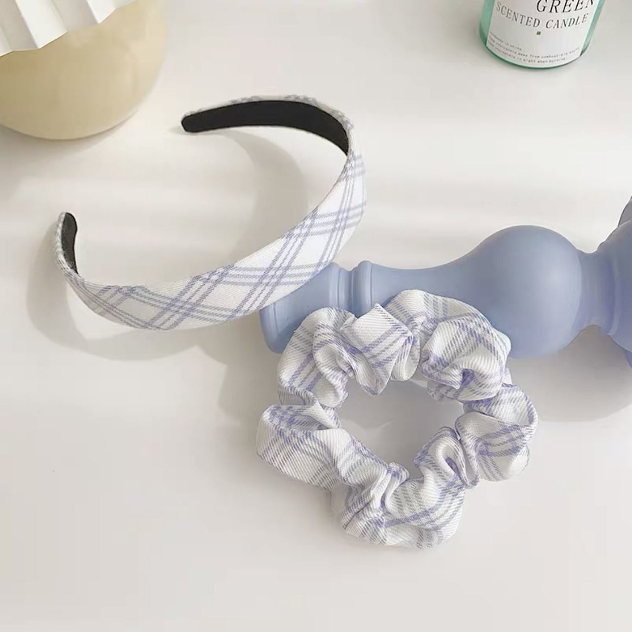 Milk Blue Color ~ Sweet All-Matching Blue and White Plaid Hair Band Large Intestine Ring French Hair Rope Retro Headband Headband Hair Accessories