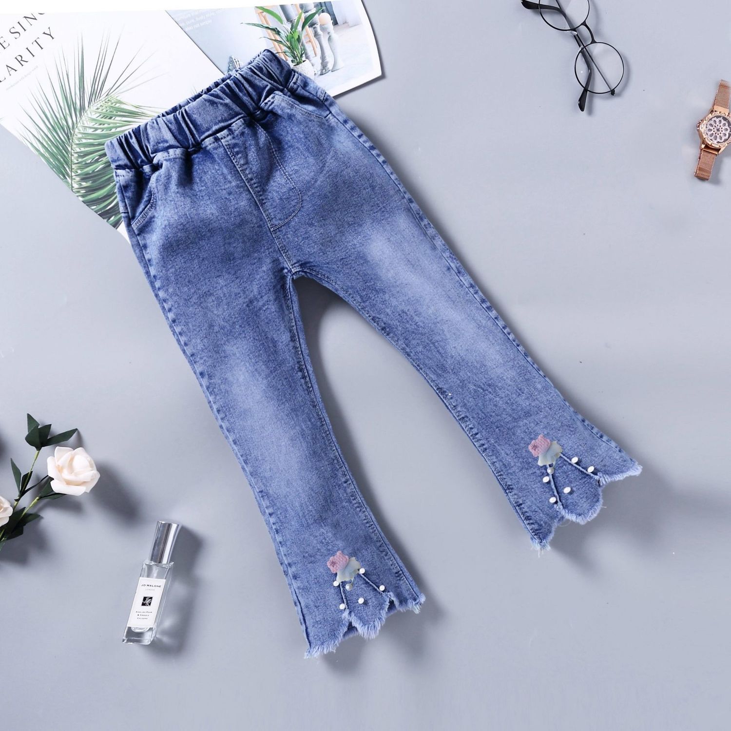 Girls' New Spring and Autumn Style Little Girl's Fashionable Denim Bell-Bottom Pants Children's Fashionable Cropped Pants Baby Outerwear Fashionable Pants