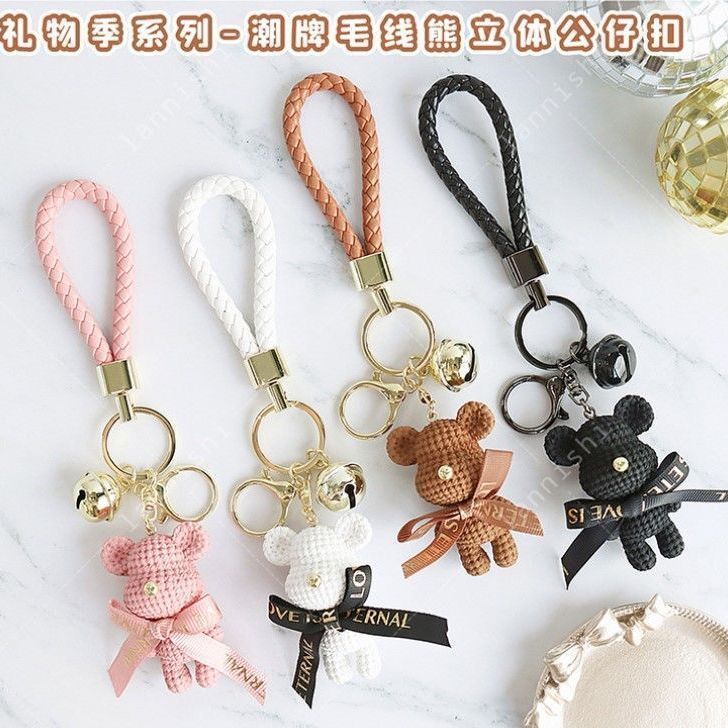 Creative Wool Bear Keychain Cute Bow Pendant Couple Female Backpack Package Pendant Cartoon Bear Keys Pendant