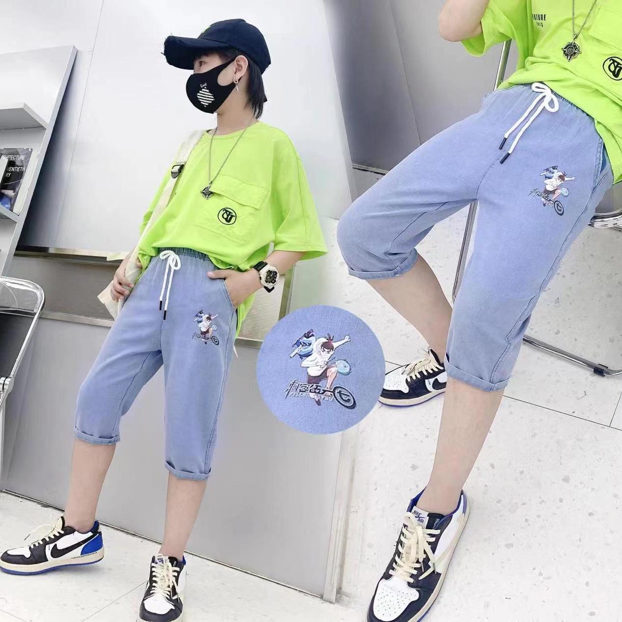 Boys' Denim Cropped Pants Summer Thin Girls' New Medium and rge Children's Shorts Children's Casual Loose Fashion Middle Pants