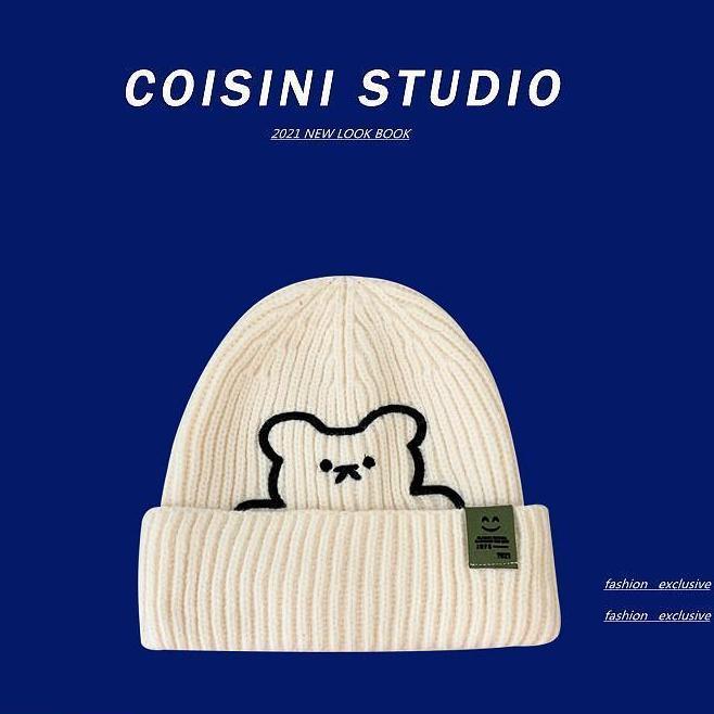 cute japanese style embroidered bear woolen cap children‘s autumn and winter warm ear protection smiley face cloth label knitted hat men‘s all-matching