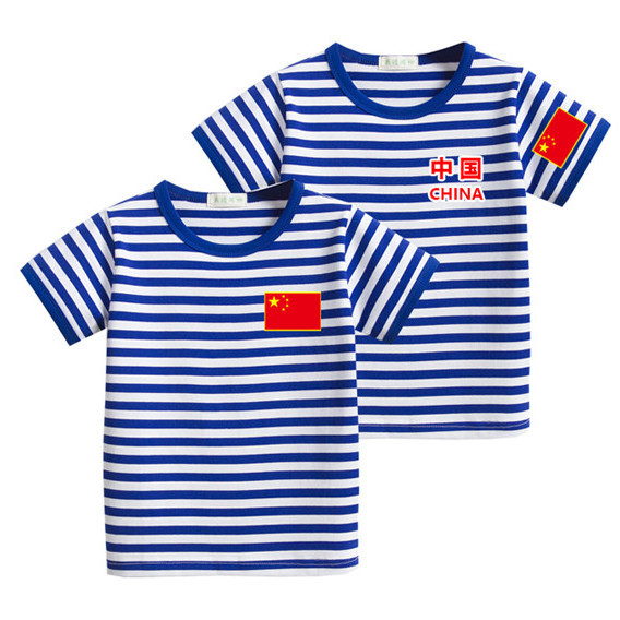 Navy Children's Wear Cotton T-shirt Boys and Girls Short Sleeve All-Match Loose Navy-Striped Shirt Blue and White Striped Classic Business Attire