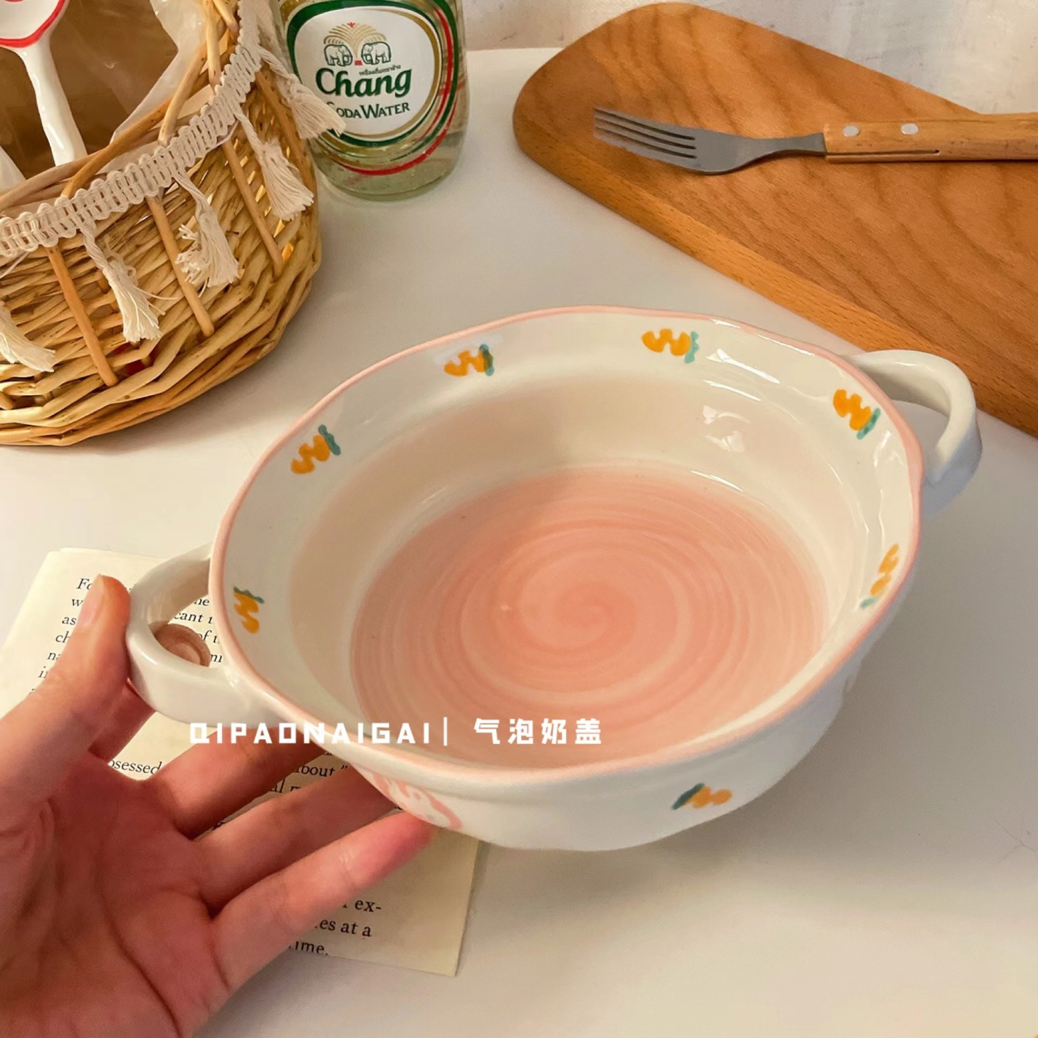 Cute Hand-Painted Irregular Ceramic Double-Ear Bowl Ins Style Girly Heart Home Rice Bowl Large Capacity Breakfast Salad Bowl