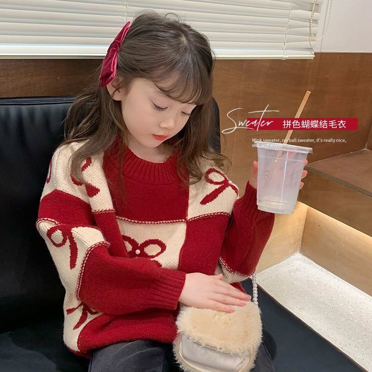 girls‘ red chinese style fashionable thickened knitwear girls‘ bowknot warm autumn and winter new sweater top