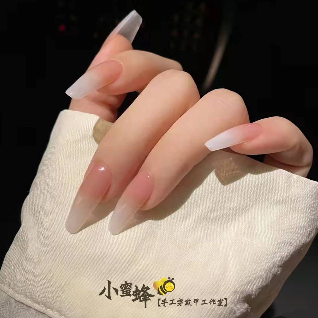 handmade manicure finished small red book hot patch fake nail nude color gradient white wear waterproof detachable