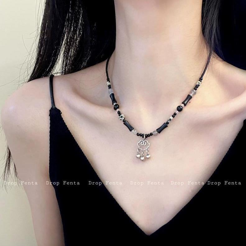 Original New Chinese Style ~ Vintage Silver-Plated Bell Ruyi Safety Lock Beads of Necklace Tassel Temperamental Clavicle Chain Neck Chain