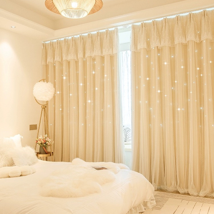 cloth yarn integrated double-layer shading curtain bedroom girl internet celebrity hollow stars princess style ins style light luxury french style