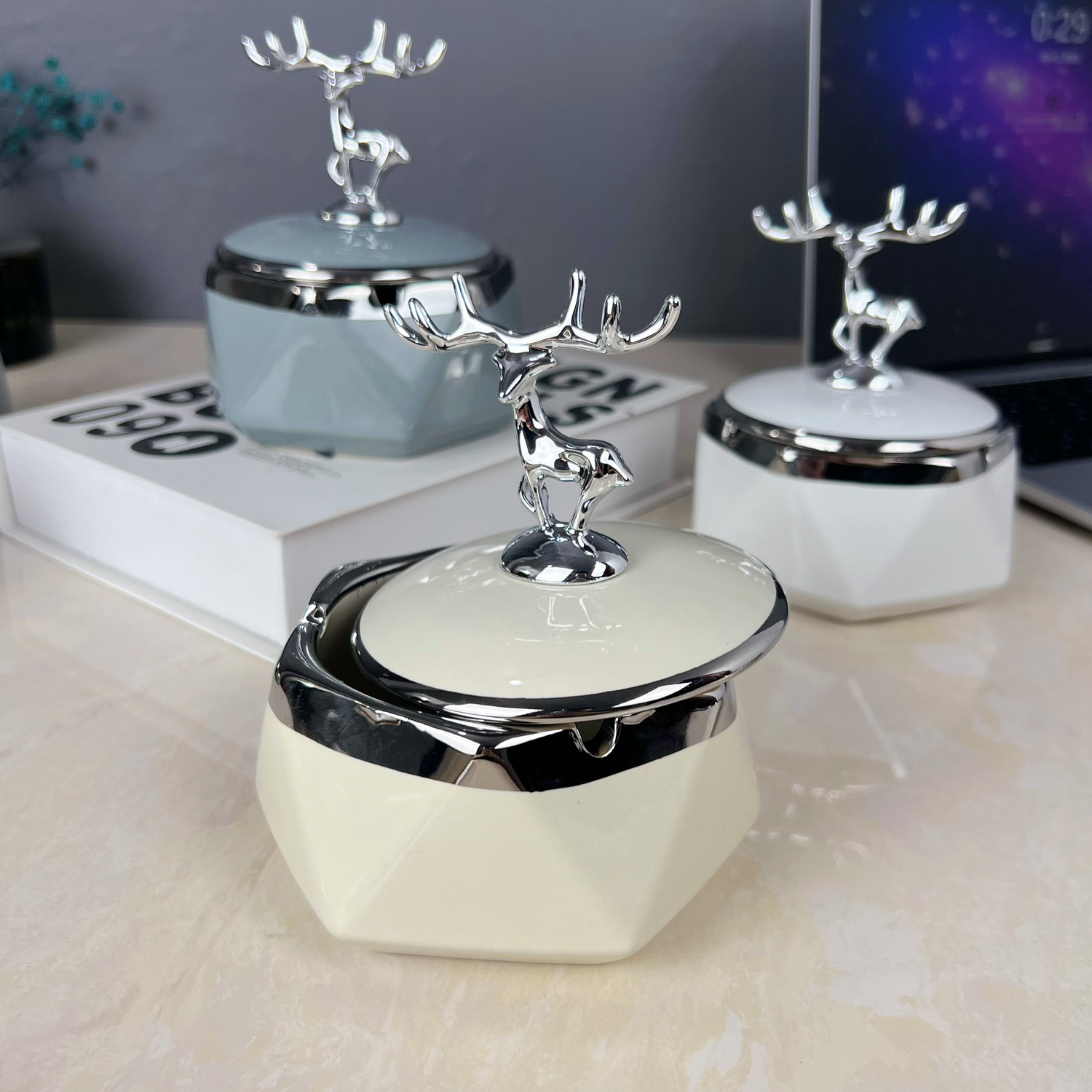 ashtray light luxury angular ceramic high-end ashtray with lid anti-fly ash simple creative household commercial office ornaments