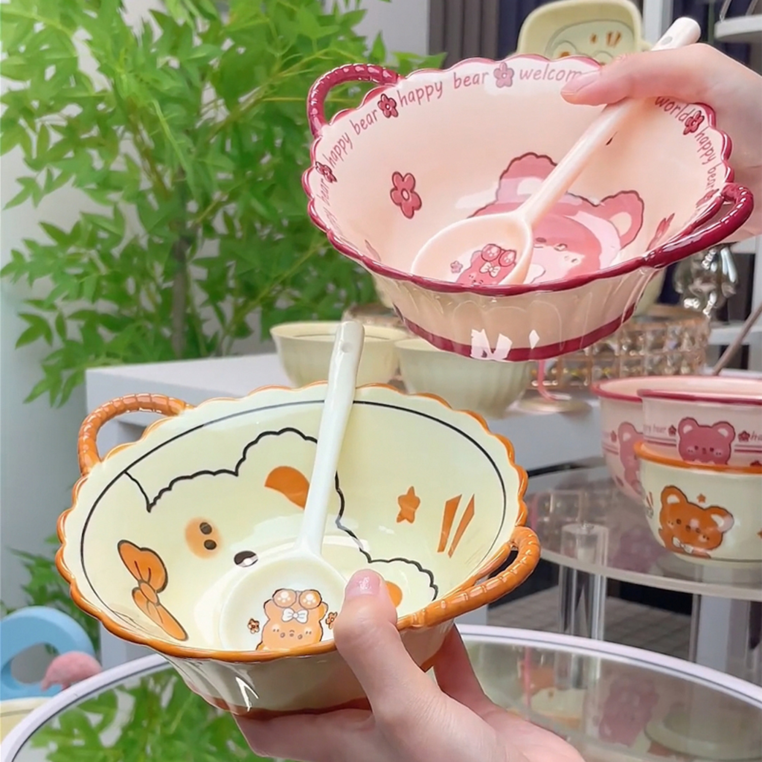 double-ear bowl good-looking net red ceramic dessert bowl household rice bowl soup bowl cute girl heart large capacity ear bowl