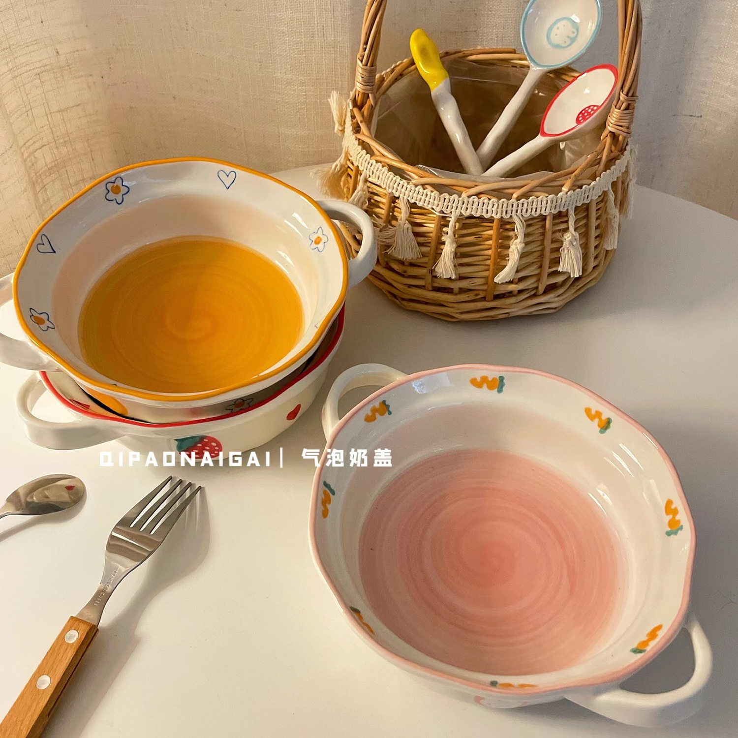 Cute Hand-Painted Irregular Ceramic Double-Ear Bowl Ins Style Girly Heart Home Rice Bowl Large Capacity Breakfast Salad Bowl