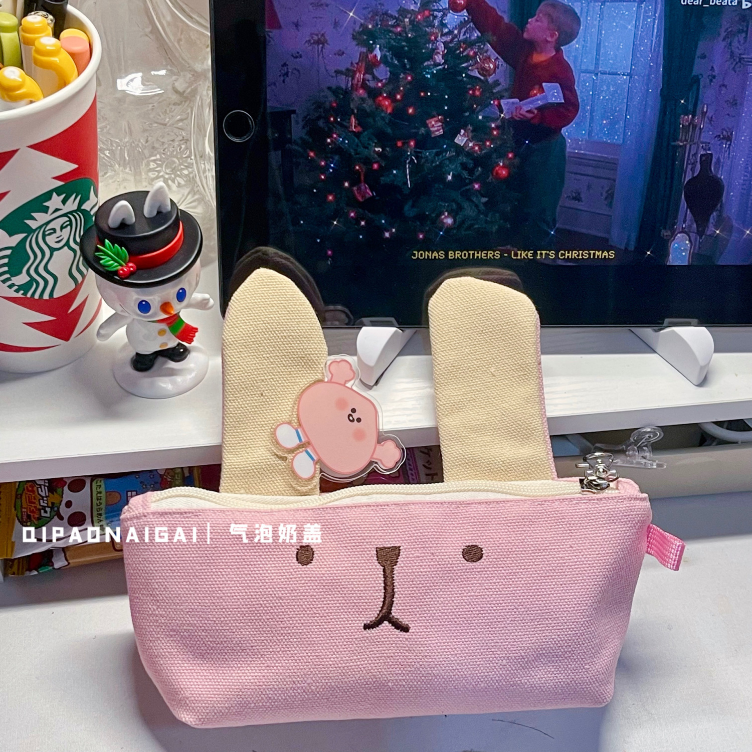 Funny Three-Dimensional Puppy Embroidery Canvas Pen Bag Stationery Storage Bag Student Cute Large Capacity Pen Case Pencil Box Fashion