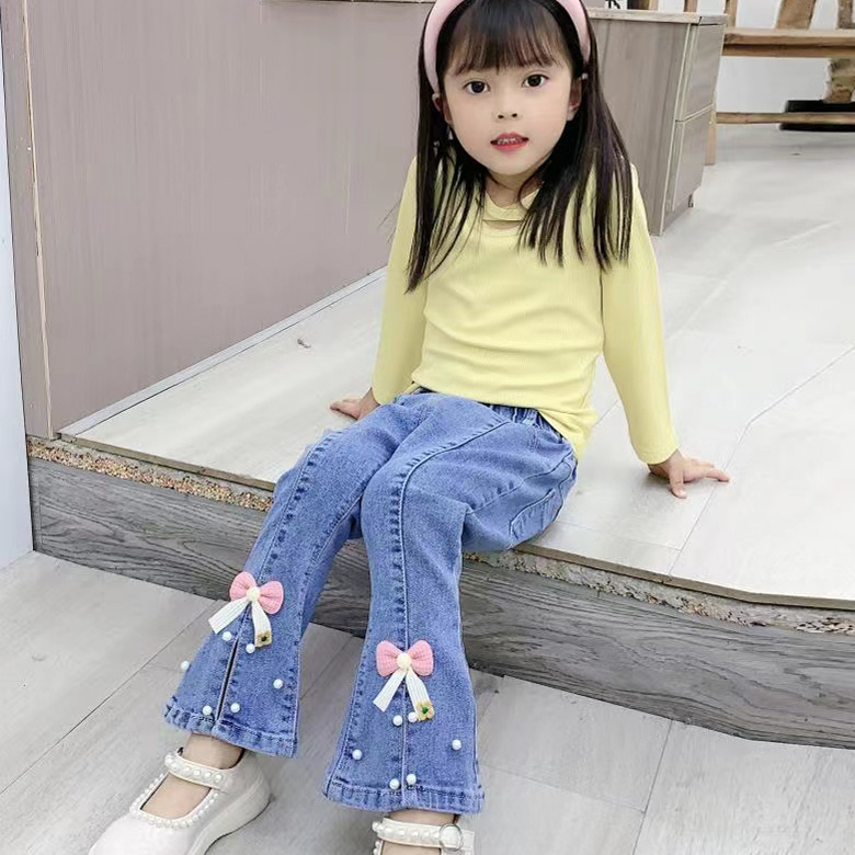 Girl Spring and Autumn Jeans 2023 Spring New Baby Girl Bell-Bottom Pants Little Girl Fashionable Korean Style Princess Style