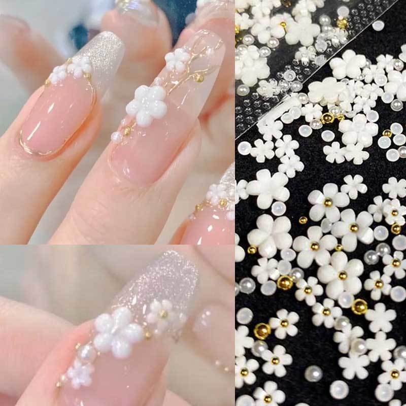 white five petal flower size mixed best-selling nail beauty ornament embellishment little flower nail art get gold and silver color steel bead pearl