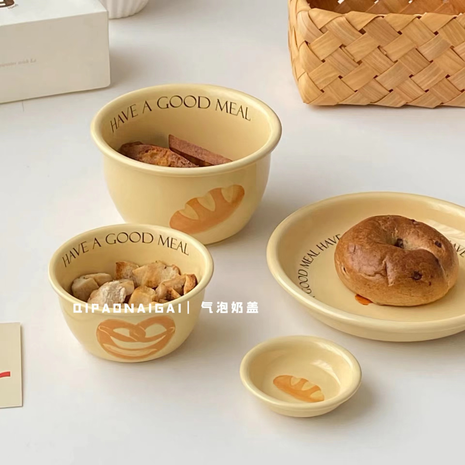 Korean Ins Vintage Cream Bread Series Tableware Ceramic Bowl Household Plate Breakfast Plate Creative Cutlery Set