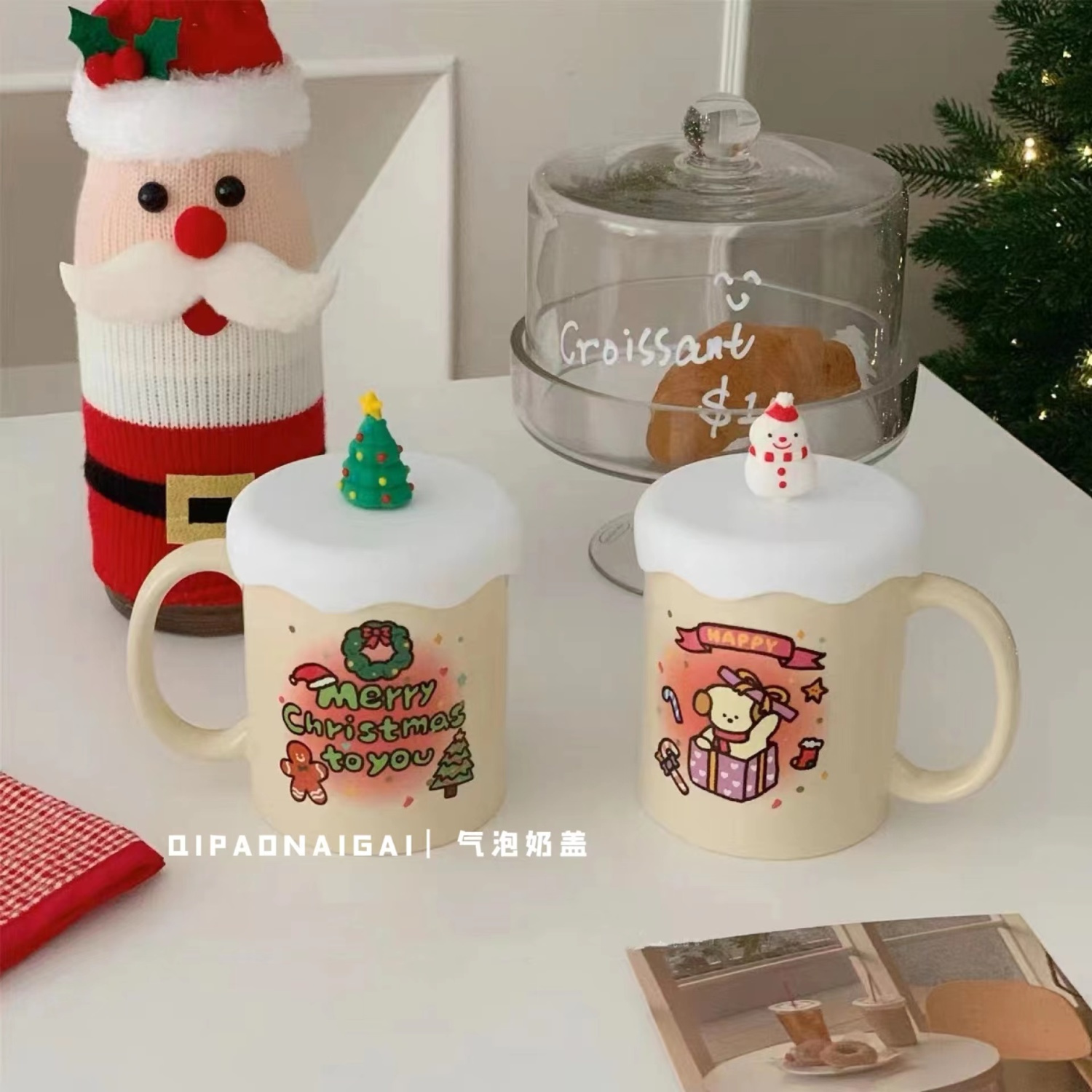 Cartoon Christmas Mug Cream Color Office Ceramic Breakfast Cup Milk Cup Large-Capacity Water Cup Gift with Lid