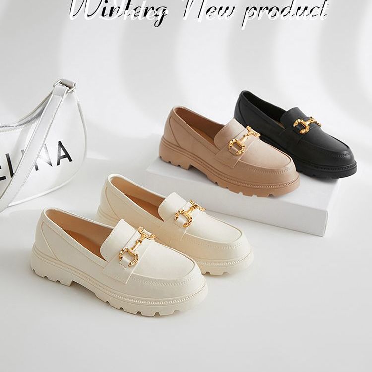 british style retro small golden button round toe spring and autumn platform slip-on pvc loafers women‘s top-selling product fashion women‘s shoes