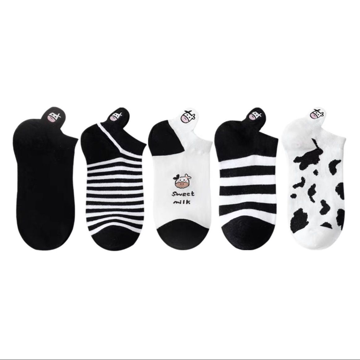 [Nanjiren 5 Pairs] Summer Cow Cotton Sock Women's Boat Socks Thin Shallow Mouth Black White Japanese Ins Trendy Socks