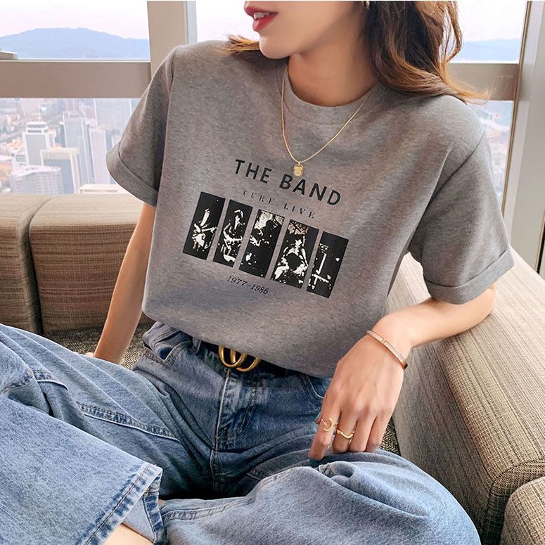 chic short-sleeved t-shirt for women 2023 summer new printed round neck loose figure flattering t-shirt tops student ins fashion