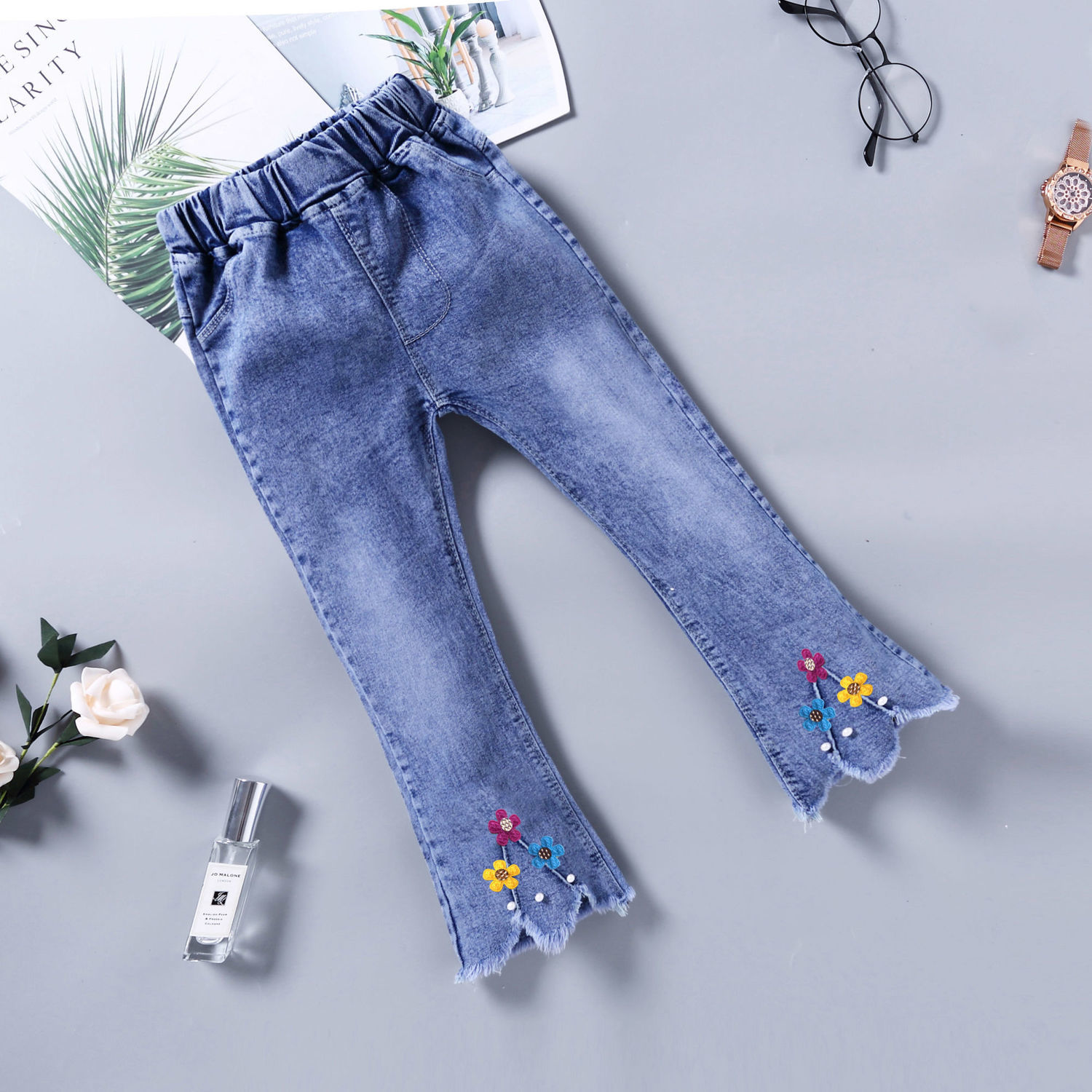 Girls' New Spring and Autumn Style Little Girl's Fashionable Denim Bell-Bottom Pants Children's Fashionable Cropped Pants Baby Outerwear Fashionable Pants