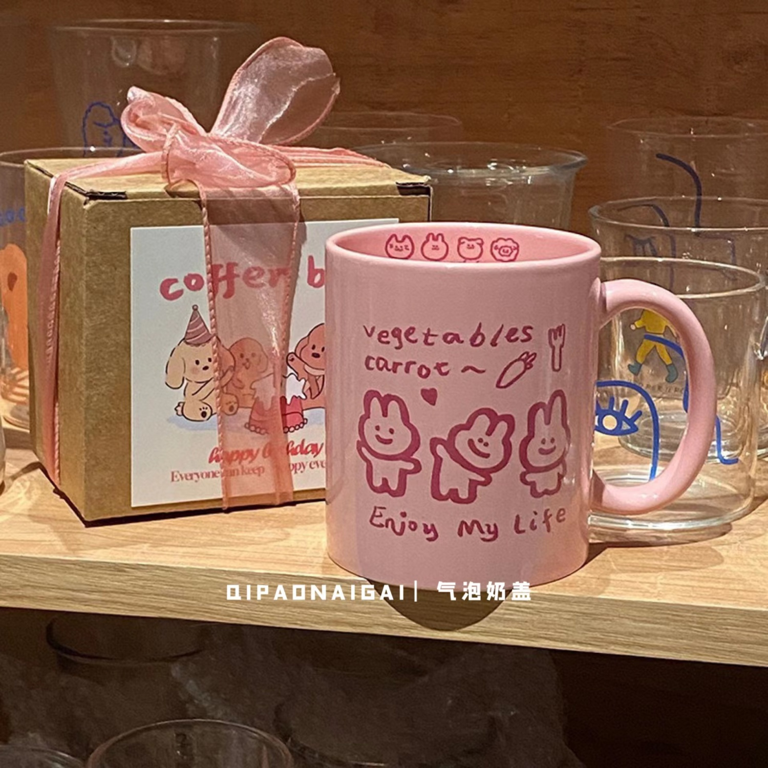 original homemade pink bunny ceramic mug large capacity water cup coffee cup good-looking gift box gift