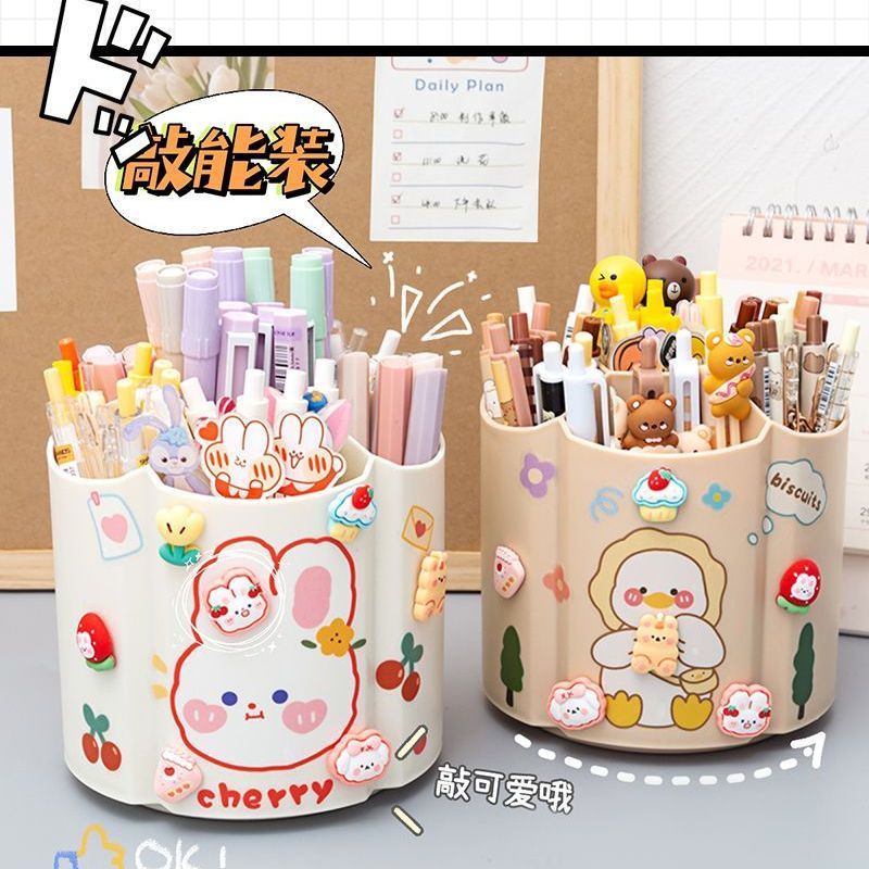 large capacity rotating pen holder cute creative primary school student desktop stationery storage box ins fashion children pen container