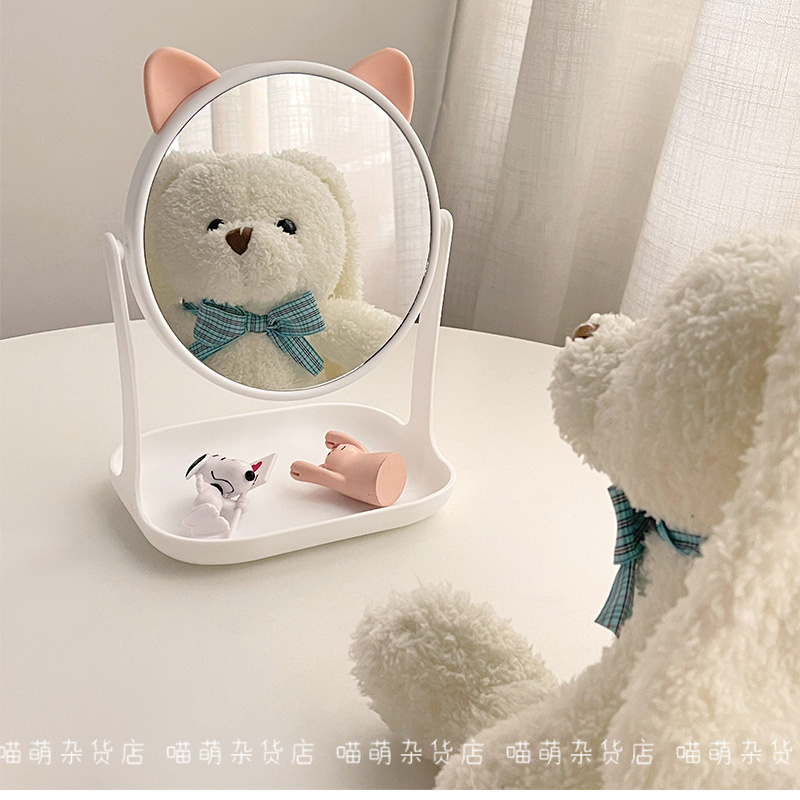 Simple Table Mirror Cat Ears Dormitory Desktop Storage Makeup Mirror Korean Style Girl Heart Princess Beauty Dressing Mirror