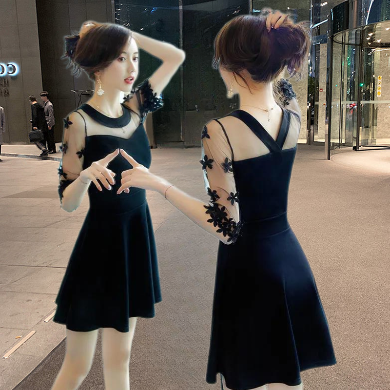 Korean version of black evening dress summer dress new  slim sexy careful machine mesh splicing skirt female