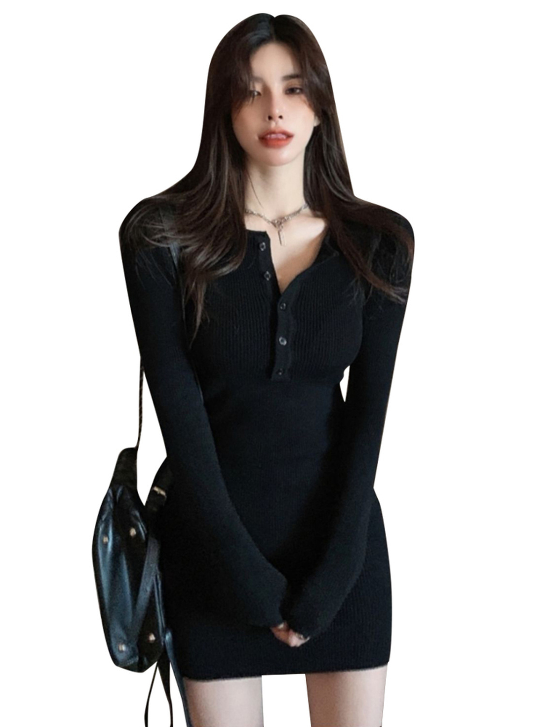 Pure Desire Black Long Sleeve Pure Desire Dress Feminine Slim Hot Girl Skirt Slimming Bottoming Hot Girl Short Skirt