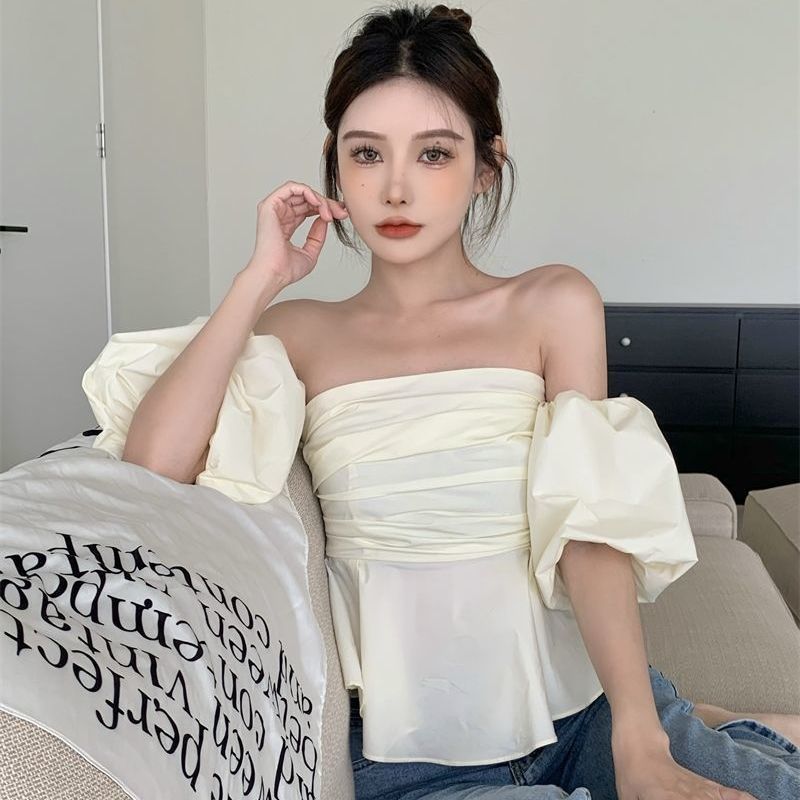 2023 summer new Korean style design puff sleeves one-shoulder thin all-match tube top shirt top women's fashion
