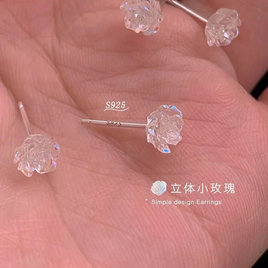 玫瑰花耳釘女純銀小眾設計感高級養耳洞睡覺不用摘耳環花朵銀耳飾
