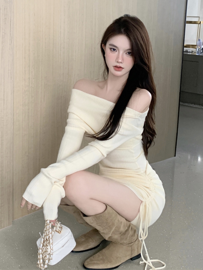 Pure lust-style hottie one-shoulder drawstring dress  autumn and winter Yujie design tight-fitting and slimming hip-hugging short skirt