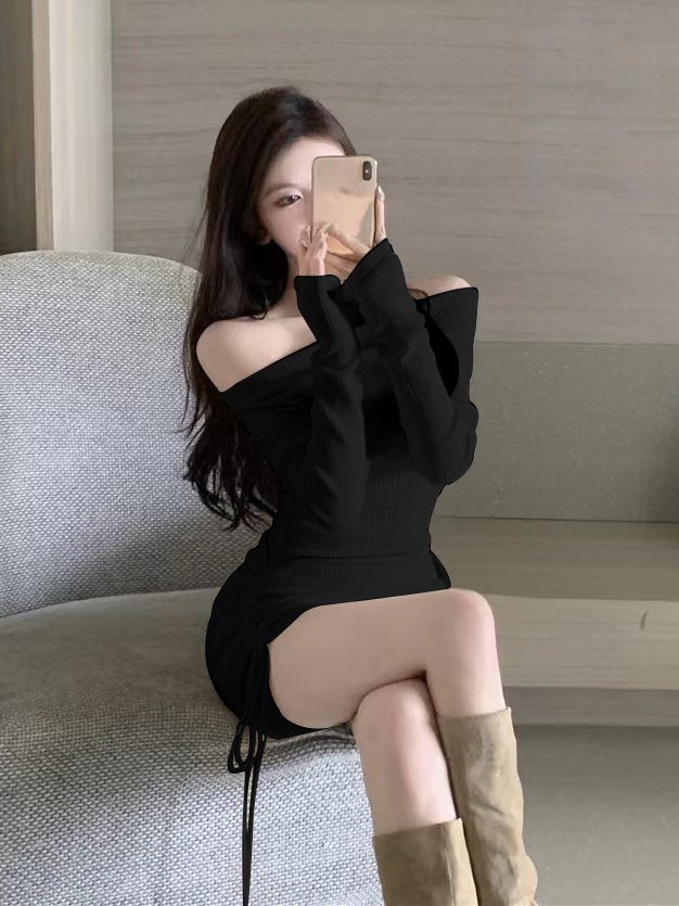 Pure lust-style hottie one-shoulder drawstring dress  autumn and winter Yujie design tight-fitting and slimming hip-hugging short skirt