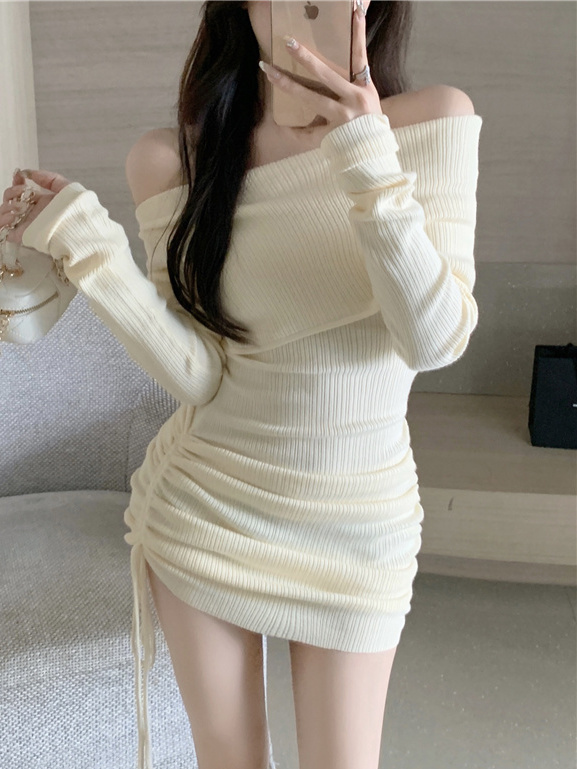 Pure lust-style hottie one-shoulder drawstring dress  autumn and winter Yujie design tight-fitting and slimming hip-hugging short skirt