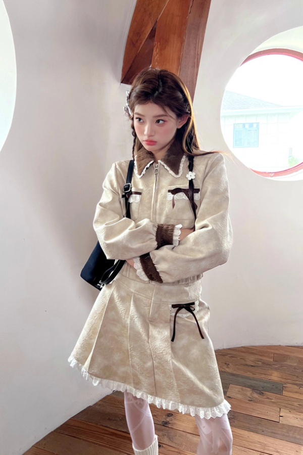 Melard Farbverlaufslederjacke für Damen, Herbstmantel im kleinen Stil, hoch taillierter, schlankmachender neuer Halbrock, zweiteilig_voghion.com