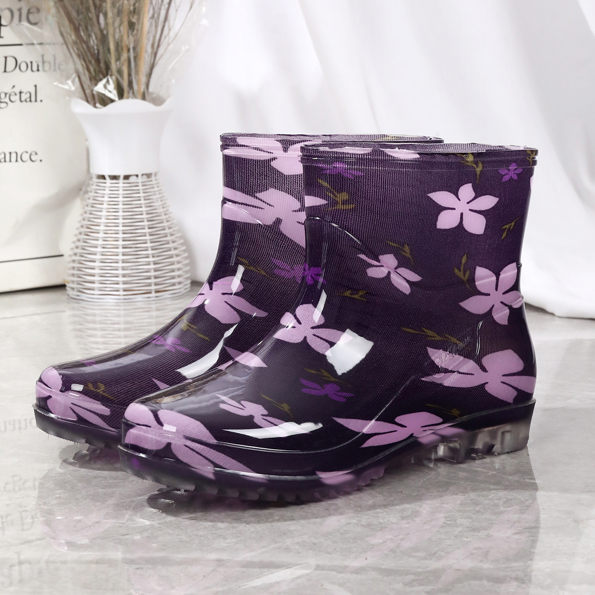 水鞋女士雨靴短筒加绒加棉冬季筒靴防水工作雨鞋加厚保暖冬天时尚